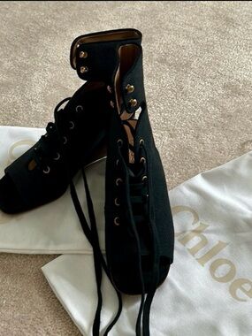 Chloe Black Lace-Up Peep-Toe Heels with Gold Eyelets